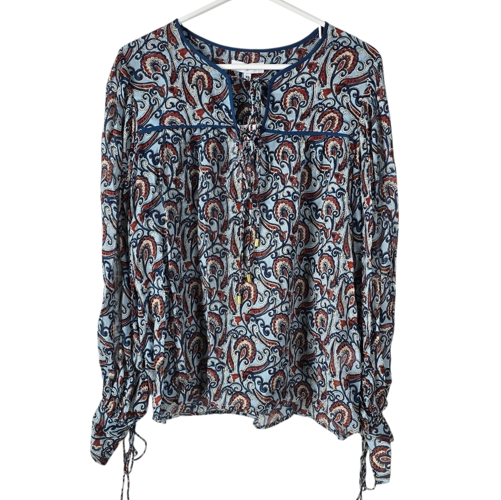 NWT Karina Grimaldi Eliza Long Sleeve Semi Sheer Blouse XS Blue Paisley Print